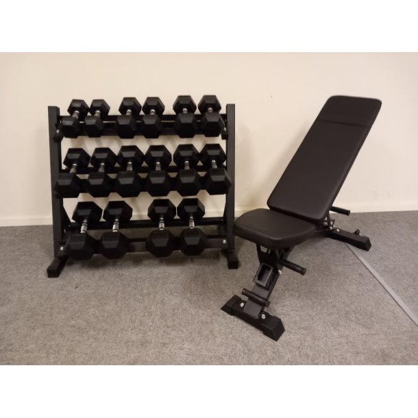 Hexagon h�ndv�gt s�t 9-25 kg samt justerbar tr�ningsb�nk